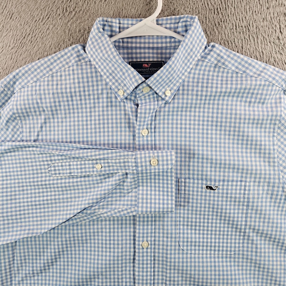 Vineyard Vines Mens Large Blue Gingham Classic Fit Tucker Shirt Stretch ButtonUp